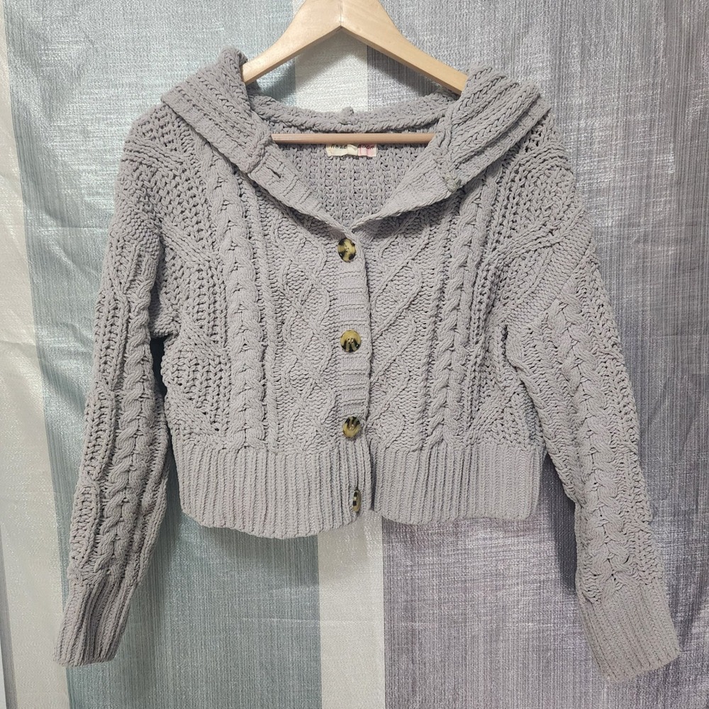 Hazel Moon Womens M Grey Cable Chunky Knit Hood Cropped Cardigan Sweater Granola